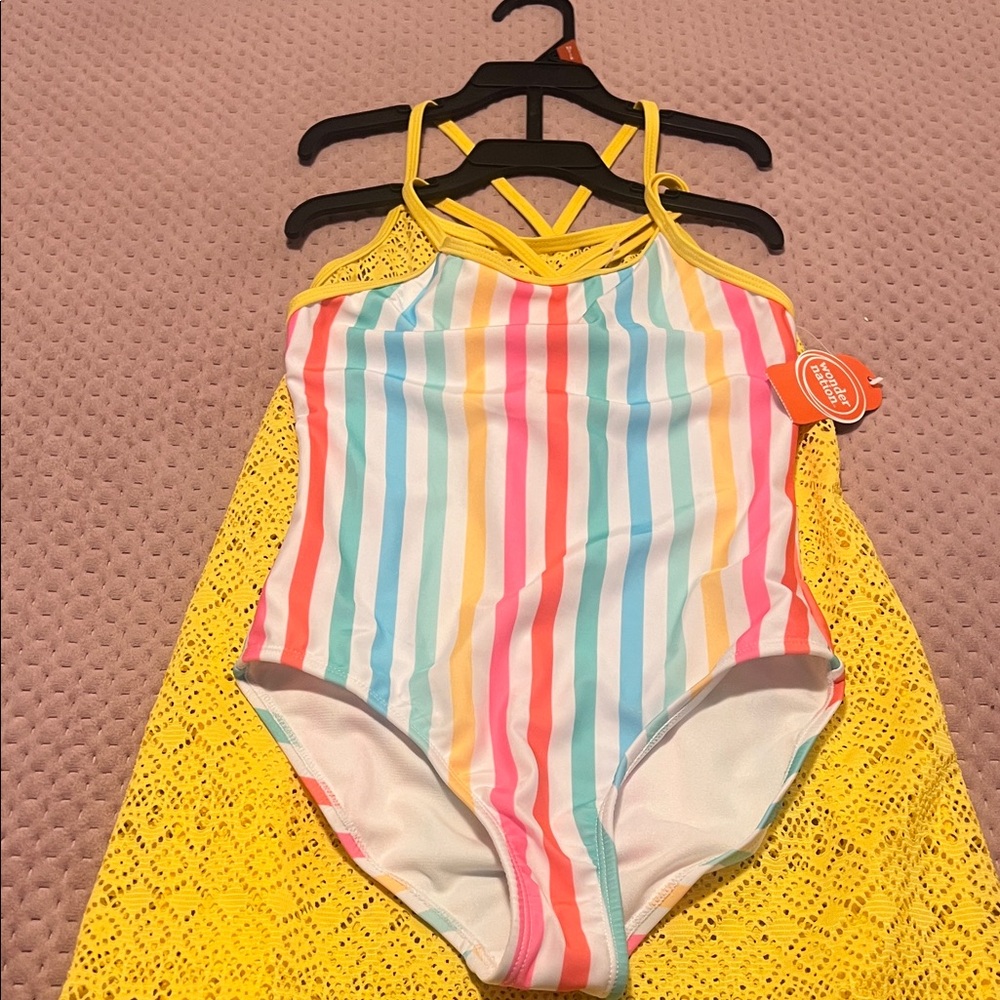 Colorful Striped Swimsuit with Yellow Cover-Up two piece